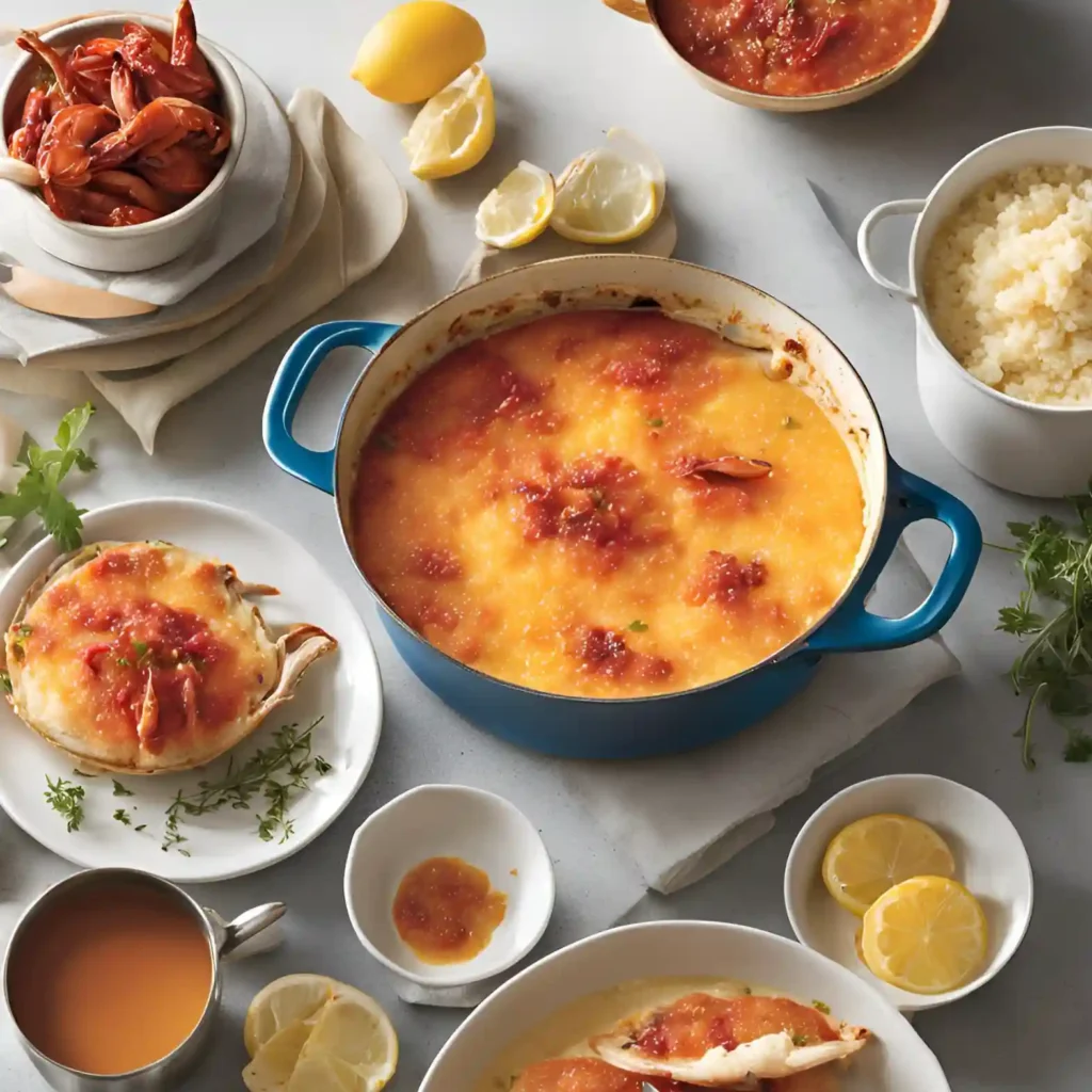 Crab brulee in a blue casserole dish, served with fresh lemon wedges, herbs, and side dishes on a table.