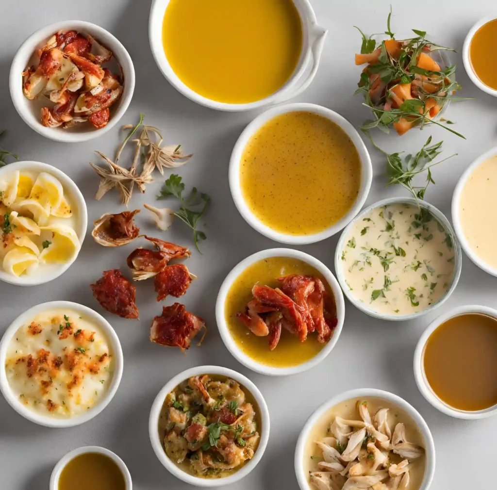 An assortment of sauces, garnishes, and crab meat combinations in small bowls, showcasing versatile flavor pairings for seafood dishes.