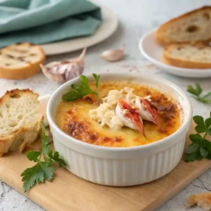 Delicious crab brulee served in a white ramekin with caramelized topping, garnished with fresh parsley and crab meat, alongside slices of toasted bread.