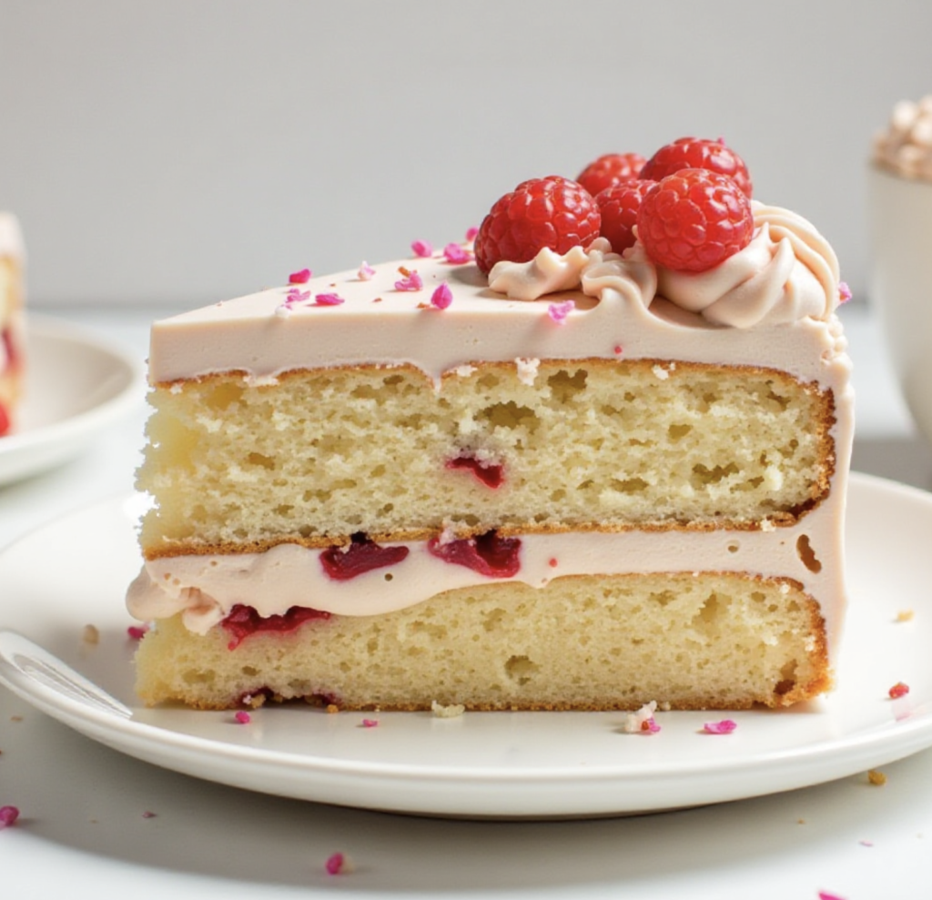 A close-up of a delicious slice of cake with layers of soft sponge, raspberry filling, and pink frosting, topped with fresh raspberries and pink flower petals.