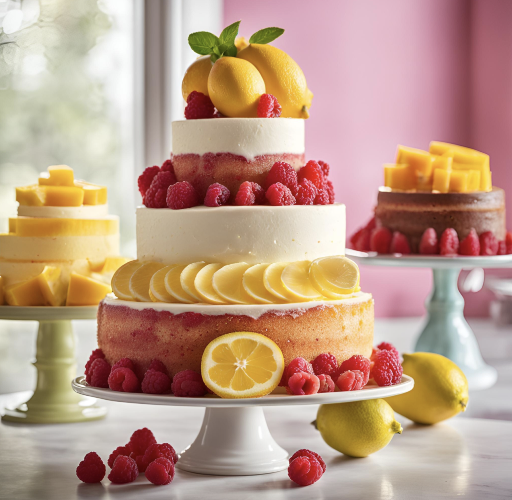 A beautiful display of layered cakes with lemon and raspberry decorations, featuring a tall three-tier cake topped with lemons and raspberries, and a smaller mango cake in the background