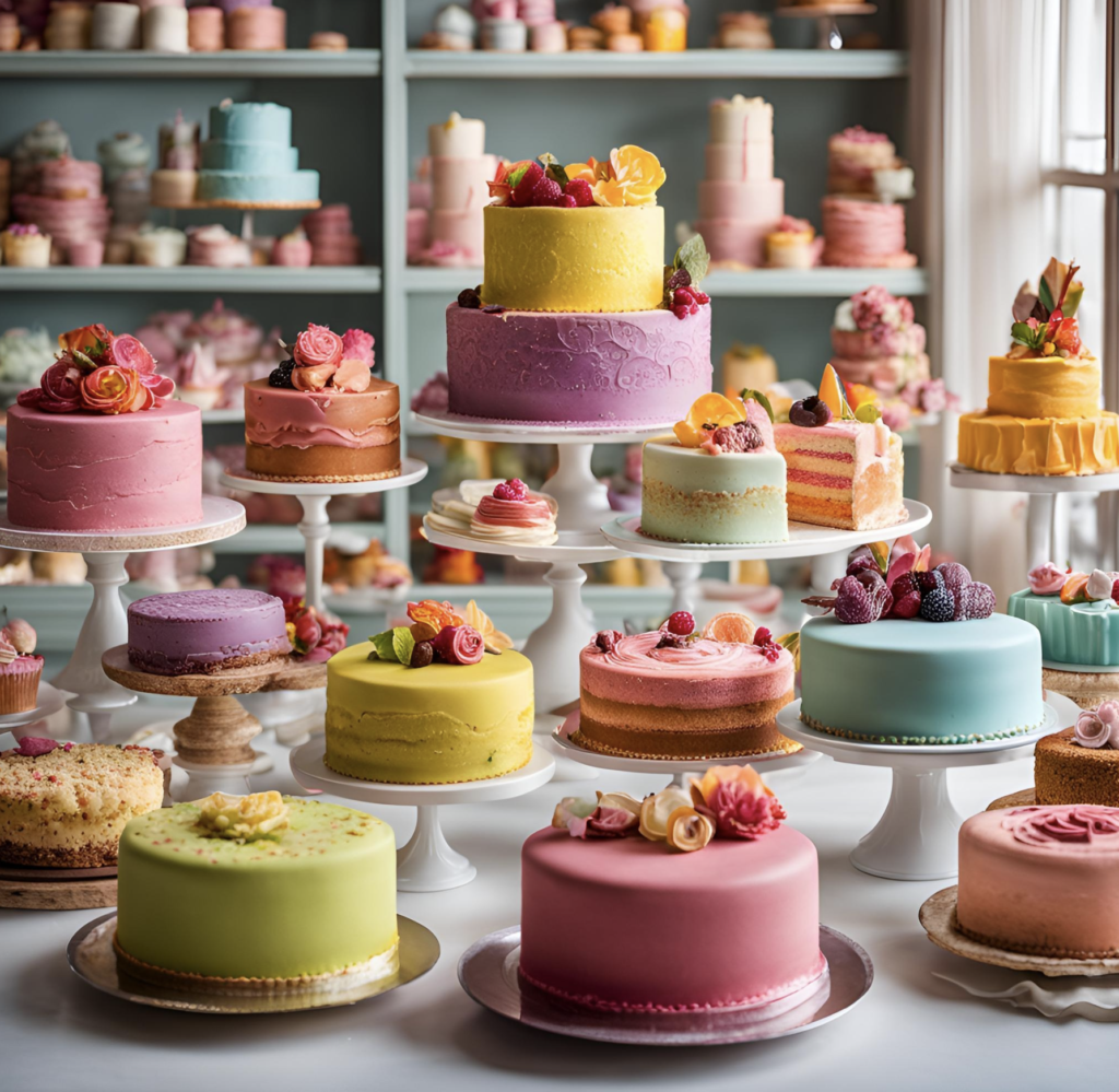 A colorful display of beautifully decorated cakes in pastel shades, featuring intricate flower decorations, varying cake sizes, and soft frostings.