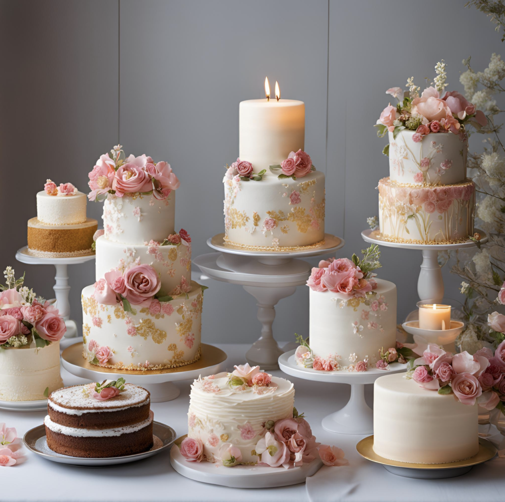 Elegant display of beautifully decorated wedding cakes with pink roses and delicate floral designs, featuring candles on top of one of the cakes.