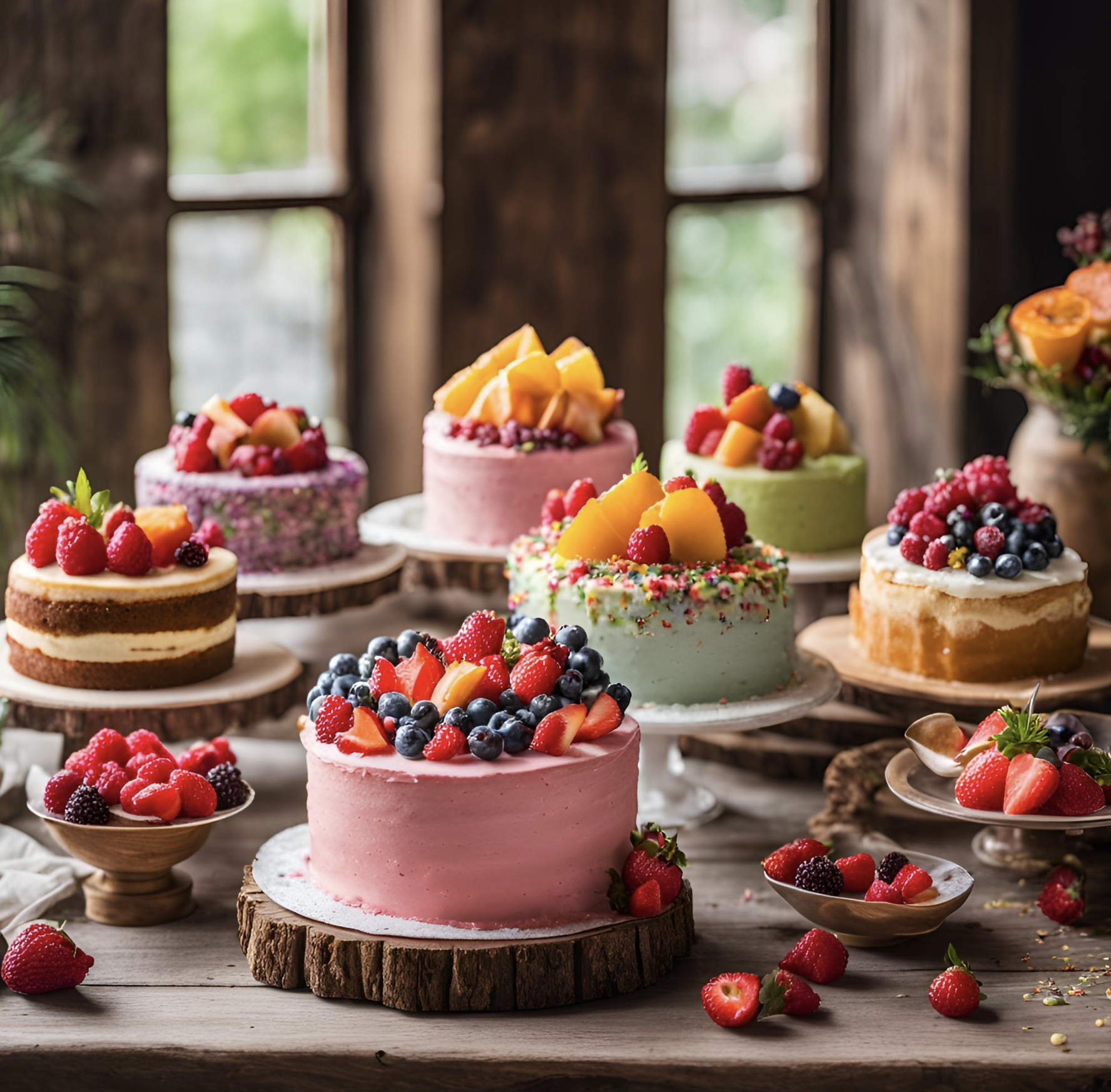 A vibrant collection of fruit-topped Delicious Cake Flavors in pastel colors, decorated with fresh strawberries, blueberries, raspberries, and mango slices, perfect for any celebration.