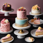 Elegant display of cakes with soft pastel colors, decorated with fresh flowers, including a layered pink and blue cake, and a slice of cake with cream filling.