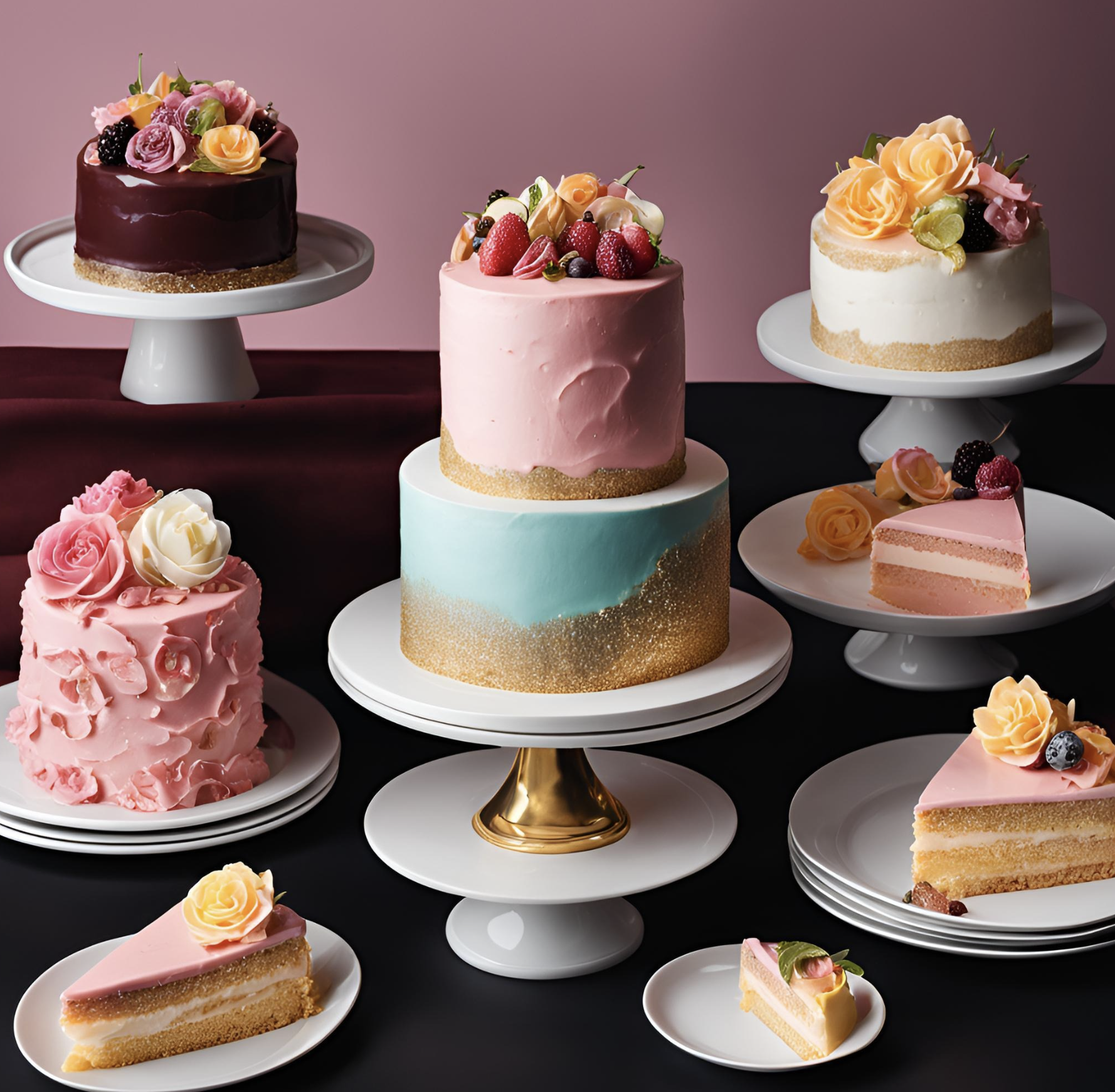 Elegant display of cakes with soft pastel colors, decorated with fresh flowers, including a layered pink and blue cake, and a slice of cake with cream filling.