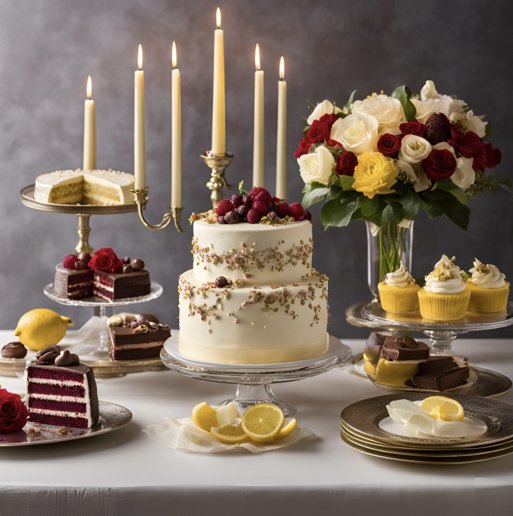 A sophisticated display of classic cakes, including a layered white cake with raspberries, red velvet cake, lemon slices, and cupcakes, with candles and flowers in the background.