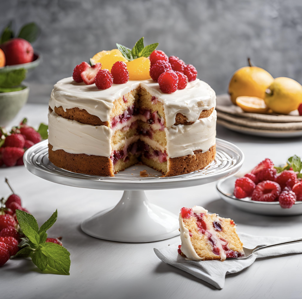 A sophisticated display of classic cakes, including a layered white cake with raspberries, red velvet cake, lemon slices, and cupcakes, with candles and flowers in the background