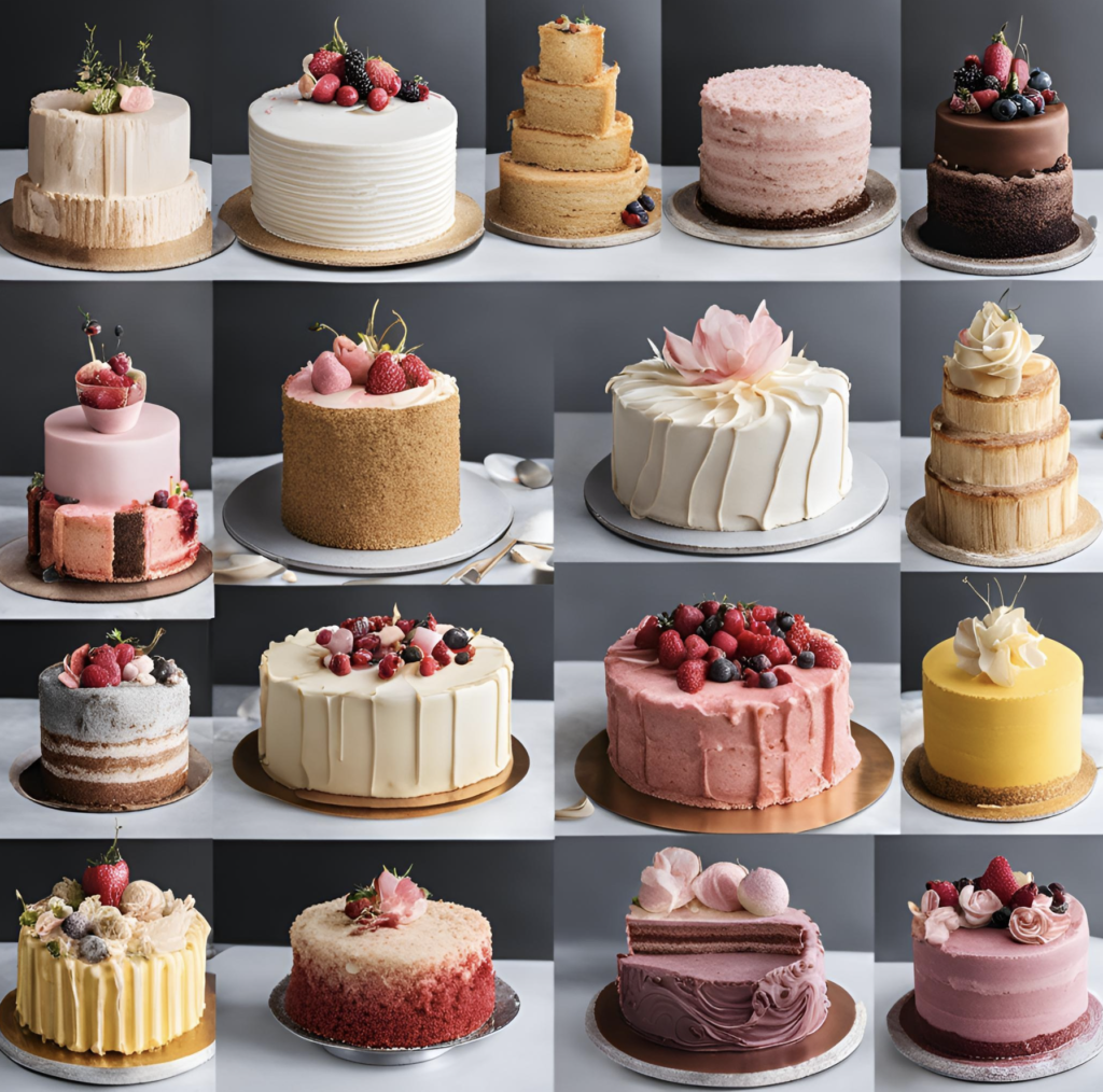 A variety of beautifully decorated cakes in unique designs, featuring pastel colors, fresh fruits, and intricate icing, perfect for impressing guests at any celebration.