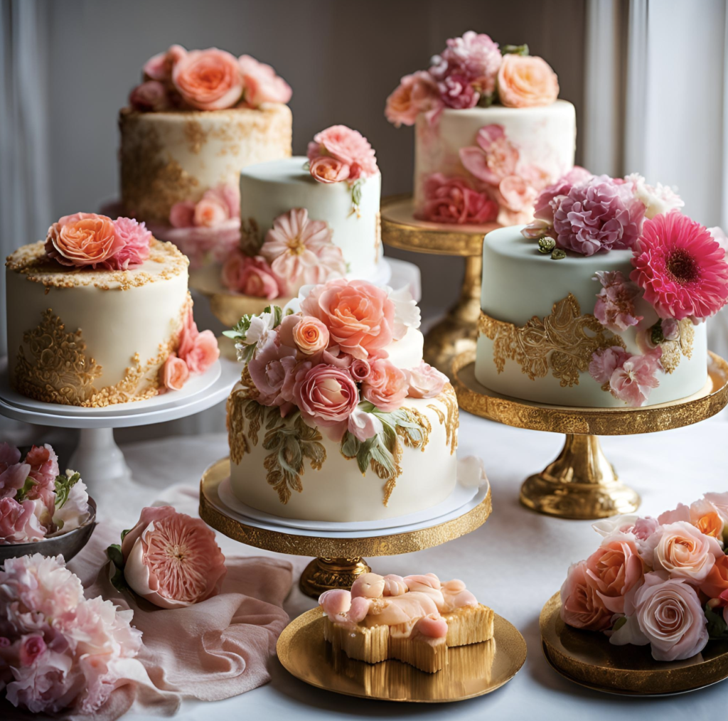 A luxurious display of elegant cakes decorated with fresh roses and intricate gold detailing, perfect for special occasions like weddings or anniversaries.