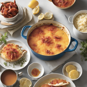 A delicious crab brulee dish served in a blue casserole dish, with crab claws and a caramelized top, surrounded by lemon wedges, fresh herbs, and a side of seasoned bread crumbs.