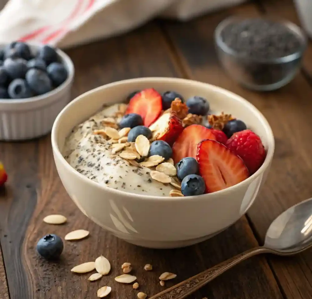 A bowl of creamy overnight oats topped with fresh strawberries, blueberries, raspberries, chia seeds, oats, and granola, served on a wooden table.