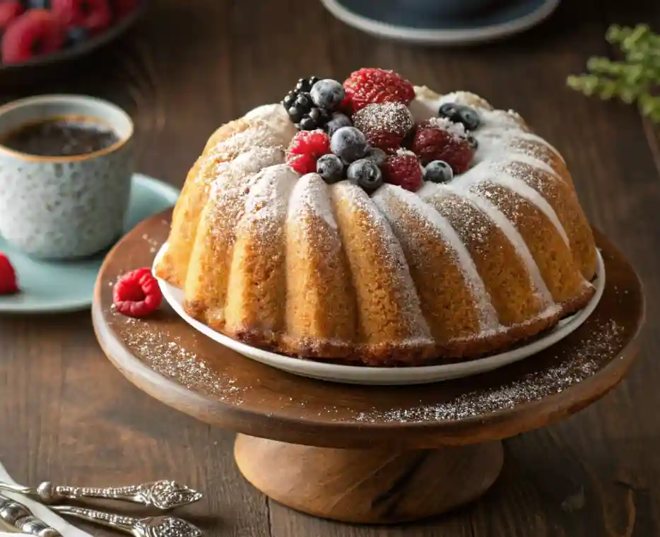 A golden bundt cake topped with powdered sugar and fresh berries, displayed on a wooden cake stand with a cup of coffee and scattered raspberries in the background.