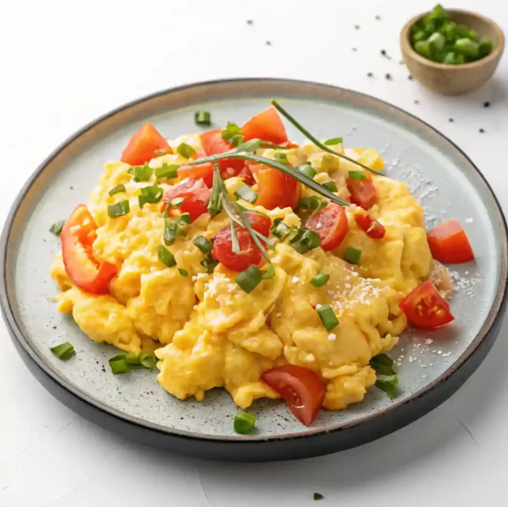 A plate of classic scrambled eggs garnished with spinach, sun-dried tomatoes, and crumbled feta cheese, served with a slice of whole-grain toast.