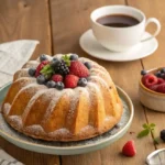 A freshly baked bundt cake topped with powdered sugar, fresh berries, and a sprig of mint, served on a plate with a cup of coffee and a bowl of berries on a wooden table.