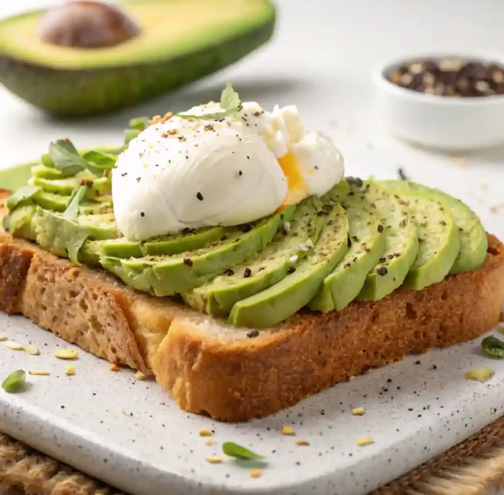 A slice of whole-grain toast topped with sliced avocado, a perfectly poached egg, and a sprinkle of black pepper and herbs, served on a ceramic plate.