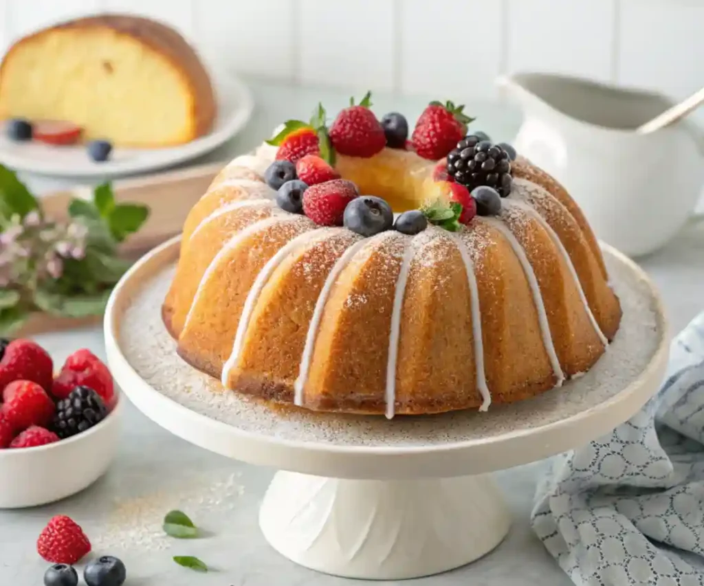 A golden bundt cake topped with fresh berries and powdered sugar glaze, served on a white cake stand with a rustic breakfast setup in the background.