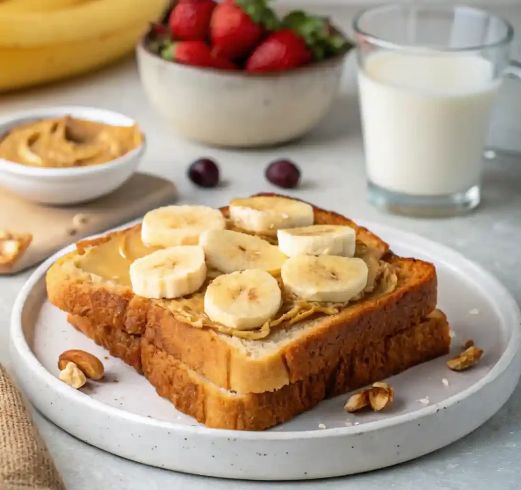 A plate with two slices of toasted bread topped with creamy peanut butter and fresh banana slices, served with a glass of milk and a bowl of fresh strawberries. Quick Breakfast Recipes.