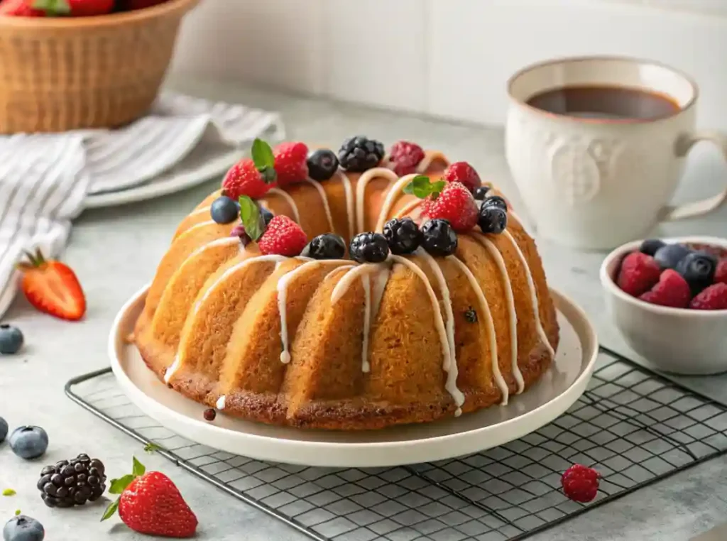 A beautifully glazed sweet thing topped with fresh berries, served on a cooling rack alongside a cup of coffee and scattered fruits.