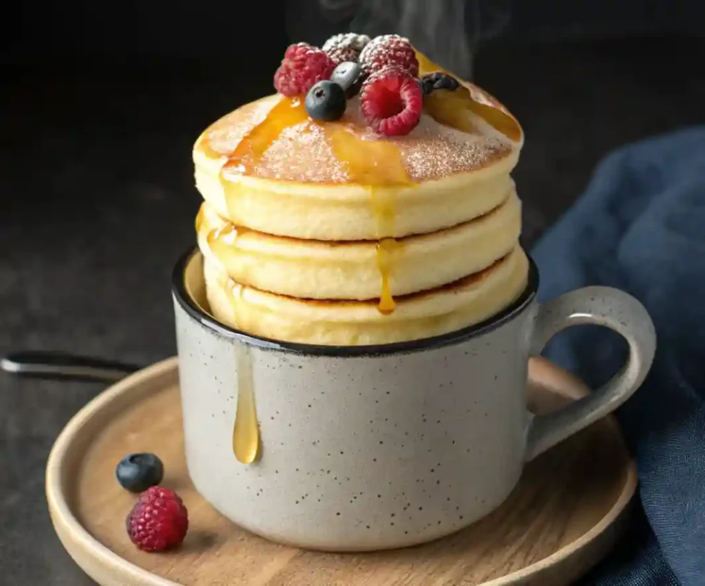 A stack of fluffy microwave mug Quick Breakfast Recipes pancakes topped with fresh raspberries, blueberries, powdered sugar, and a drizzle of golden maple syrup, served in a ceramic mug.