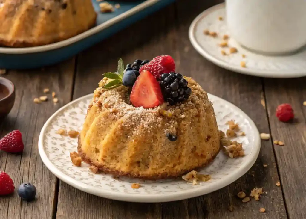 A mini bundt cake topped with fresh berries and a sprinkle of powdered sugar, served on a decorative plate with a rustic wooden table setting.