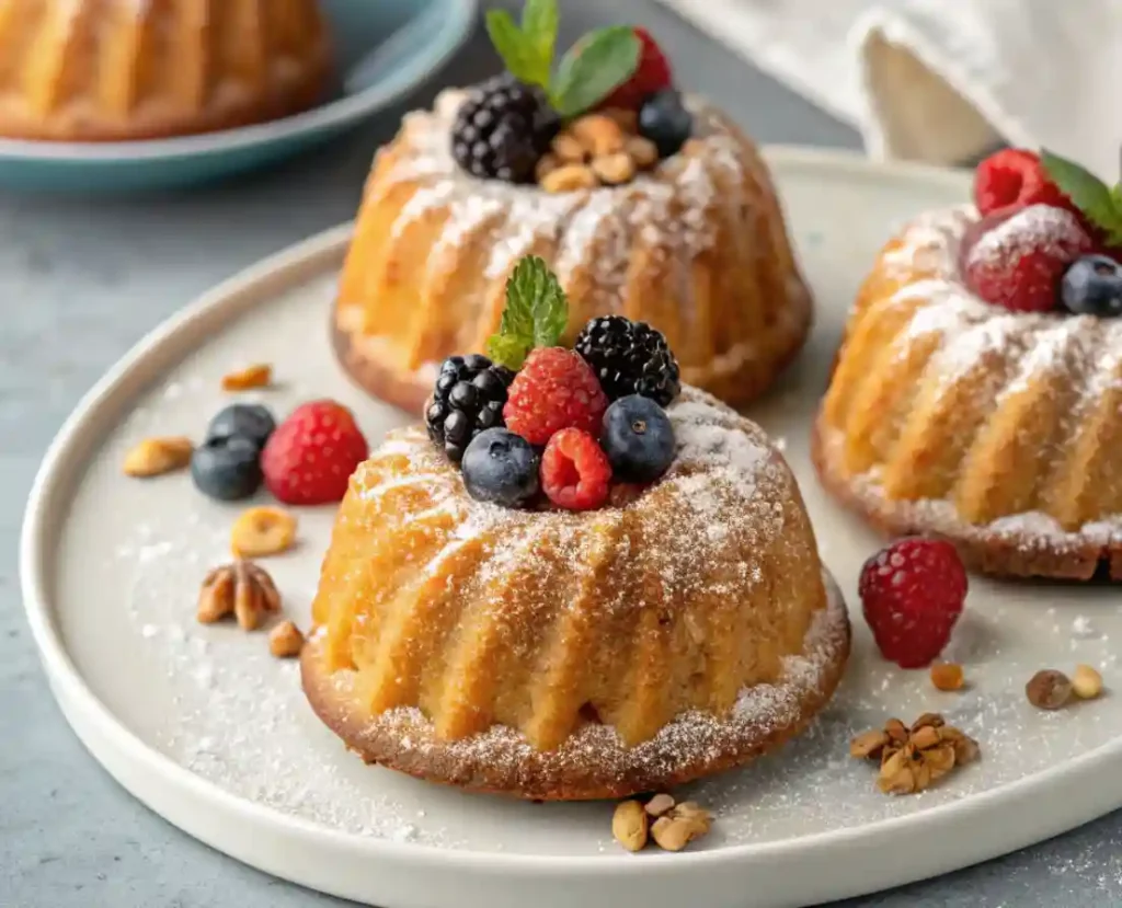 Three mini bundt cakes topped with fresh berries, powdered sugar, and mint leaves, served on a white plate with scattered nuts and berries.