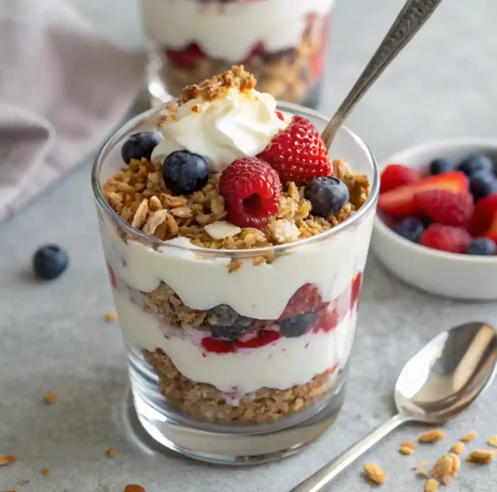 A glass of Greek yogurt parfait layered with granola, fresh blueberries, raspberries, strawberries, and topped with whipped cream, served with a spoon.