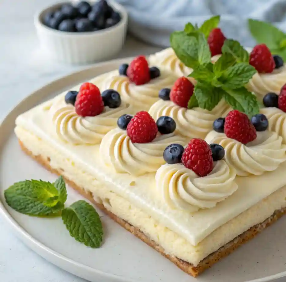 A beautifully decorated kefir sheet cake topped with fresh raspberries, blueberries, whipped cream swirls, and garnished with mint leaves.