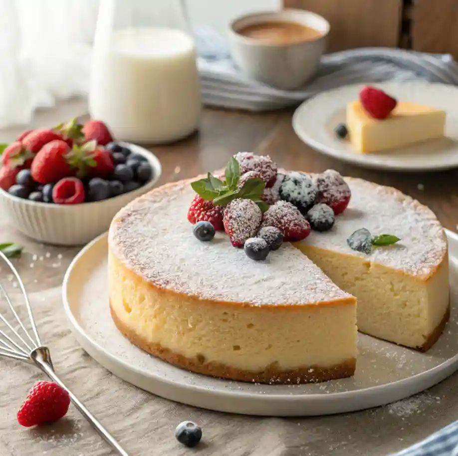 A fluffy kefir cake topped with powdered sugar, fresh berries, and mint leaves, served with milk and coffee on a rustic table.