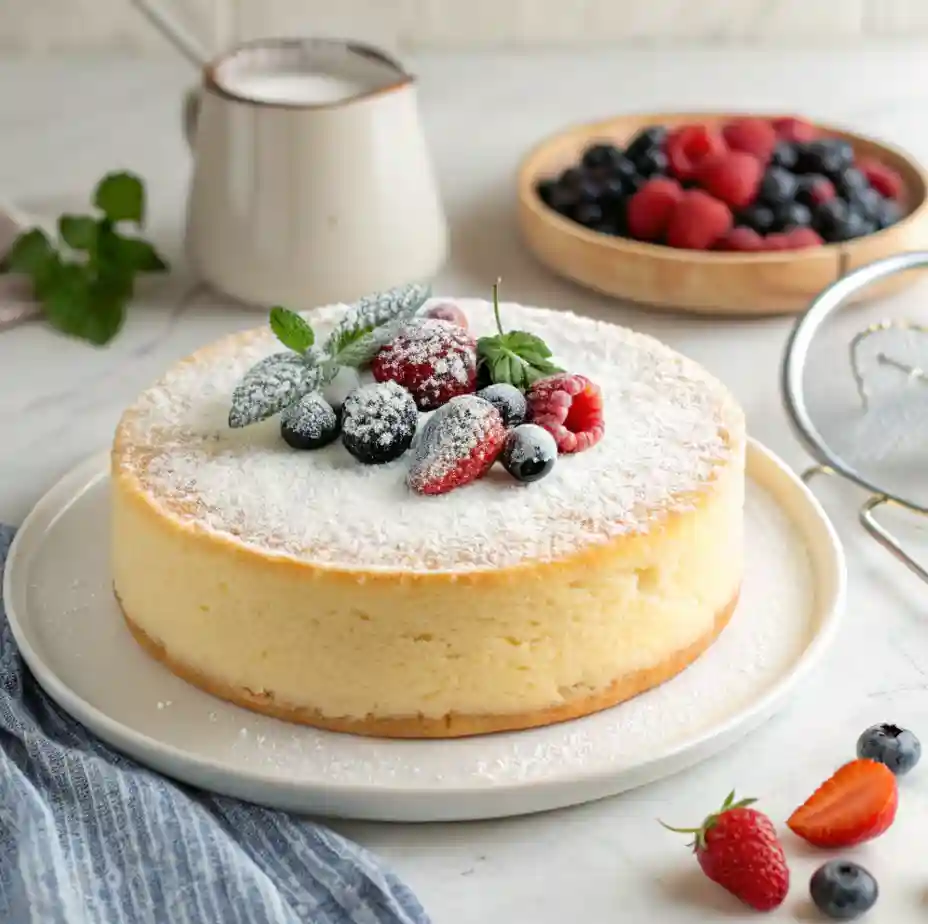 A freshly baked kefir sheet cake being sliced on a wooden board, showcasing its fluffy texture and golden crust.