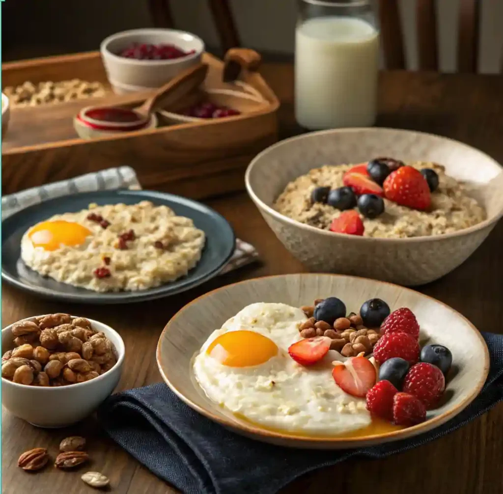 A table spread featuring quick breakfast options including fried eggs with berries, oatmeal with fresh fruit, and granola with nuts, served with a glass of milk.