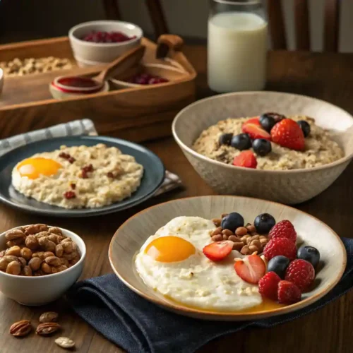 A table spread featuring quick breakfast options including fried eggs with berries, oatmeal with fresh fruit, and granola with nuts, served with a glass of milk.