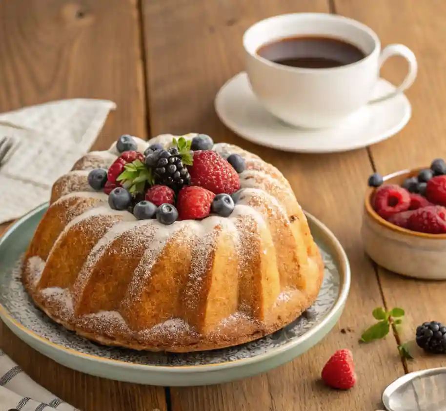 A freshly baked bundt cake topped with powdered sugar, fresh berries, and a sprig of mint, served on a plate with a cup of coffee and a bowl of berries on a wooden table.