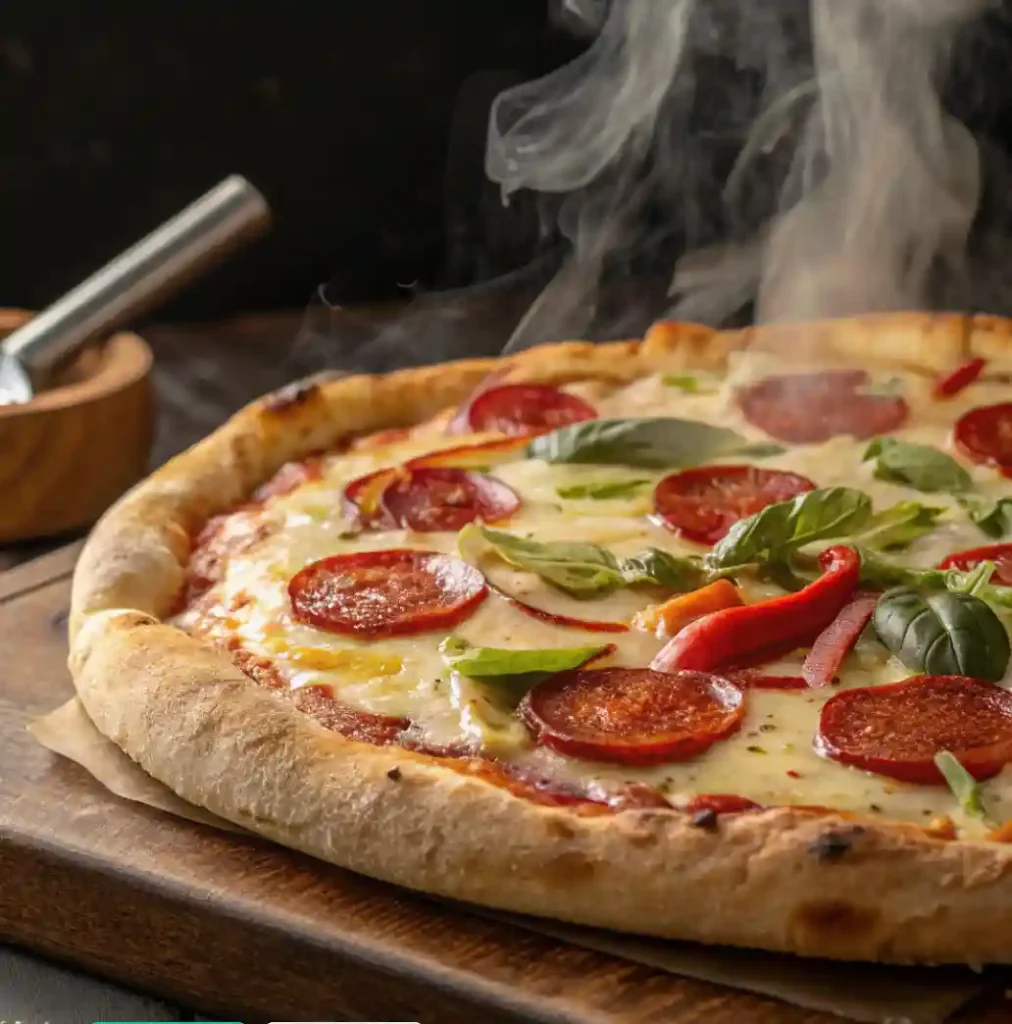 A freshly baked pepperoni pizza with melted cheese, basil leaves, and red pepper slices, served on a wooden board with steam rising.