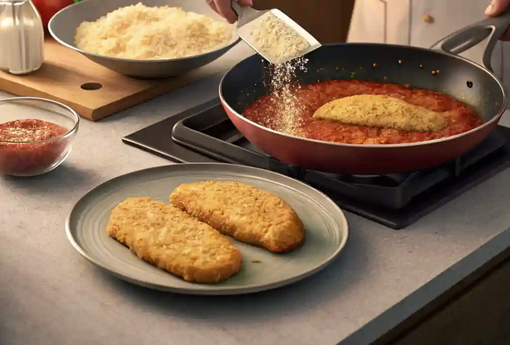 A chef preparing Chicken Parmesan by adding grated Parmesan cheese over a breaded chicken cutlet simmering in marinara sauce on a stovetop. A plate with additional crispy cutlets and a bowl of sauce are nearby.