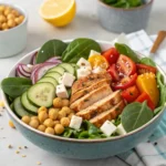 A colorful high-protein salad bowl with grilled chicken, chickpeas, fresh spinach, cucumbers, cherry tomatoes, red onion, and feta cheese, garnished with seeds and drizzled with dressing.