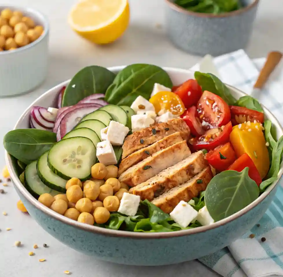 A colorful high-protein salad bowl with grilled chicken, chickpeas, fresh spinach, cucumbers, cherry tomatoes, red onion, and feta cheese, garnished with seeds and drizzled with dressing.