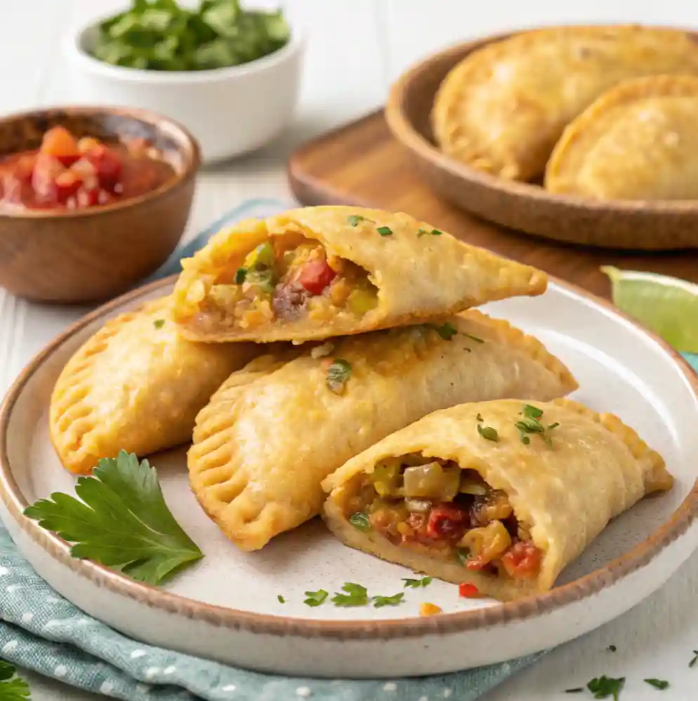 Freshly made Colombian empanadas filled with a savory beef and vegetable mix, served on a plate with salsa and cilantro garnish.