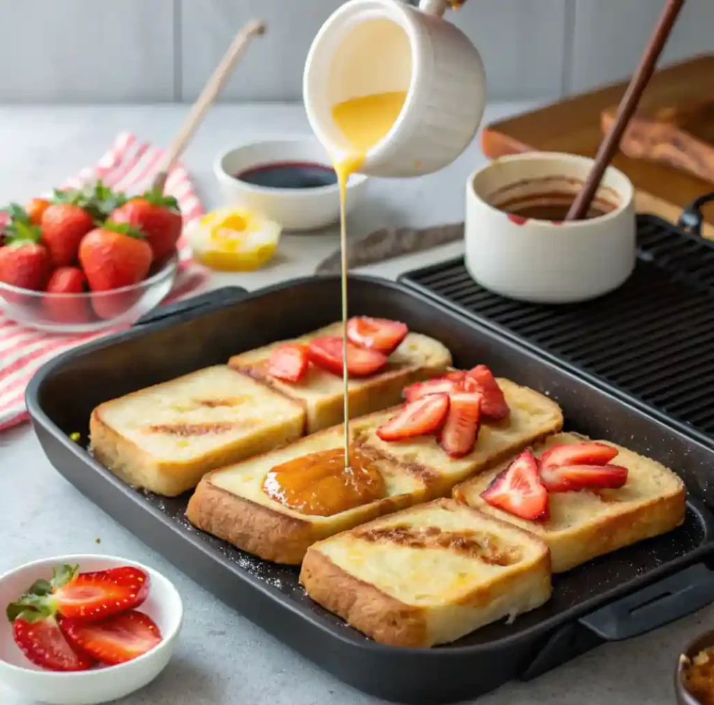 Golden-brown Hawaiian Roll French Toast slices topped with fresh strawberries and drizzled with a rich honey sauce in a black griddle pan.