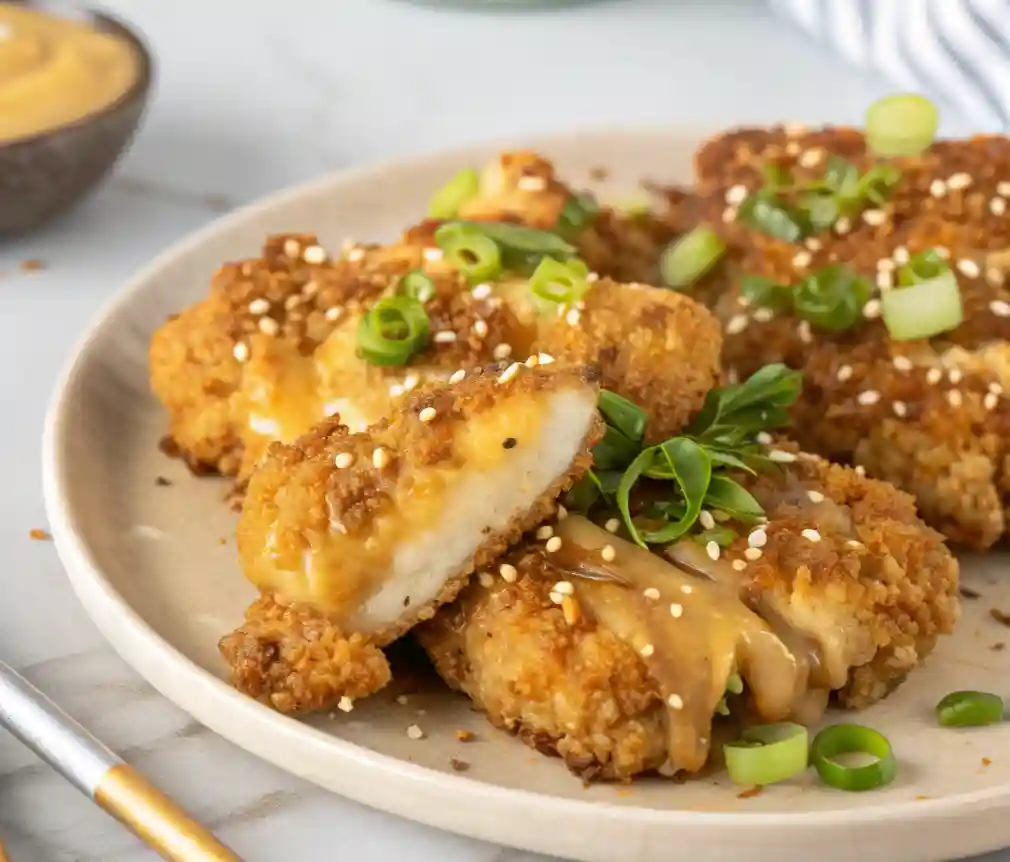 Crispy Double Crunch Honey Garlic Chicken Breasts topped with sesame seeds and chopped green onions, served on a beige plate.