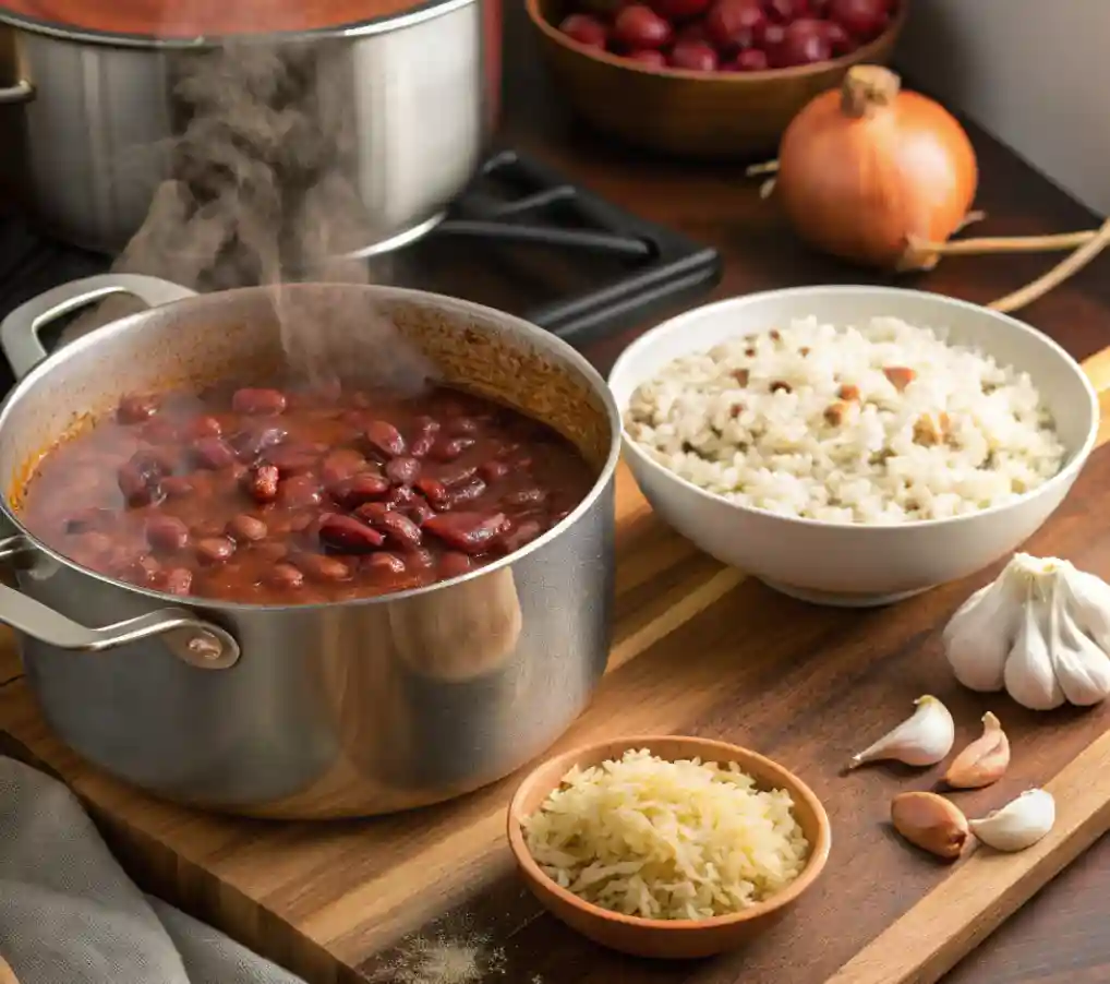 A steaming pot of Red Beans and Rice simmering on a wooden cutting board, accompanied by a bowl of cooked white rice, fresh garlic cloves, an onion, and a small dish of shredded cheese, creating a rustic and cozy kitchen setting.