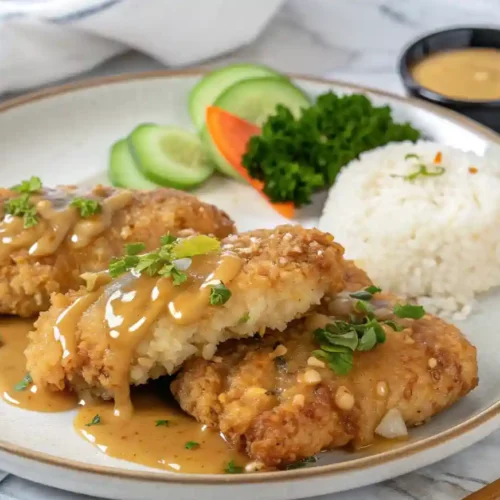 Crispy double crunch honey garlic chicken breasts drizzled with a rich honey garlic sauce, served with white rice and fresh cucumber slices.