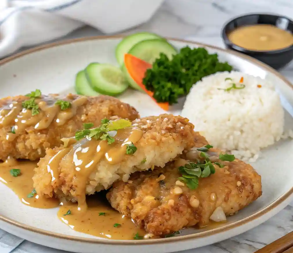 Crispy double crunch honey garlic chicken breasts drizzled with a rich honey garlic sauce, served with white rice and fresh cucumber slices.