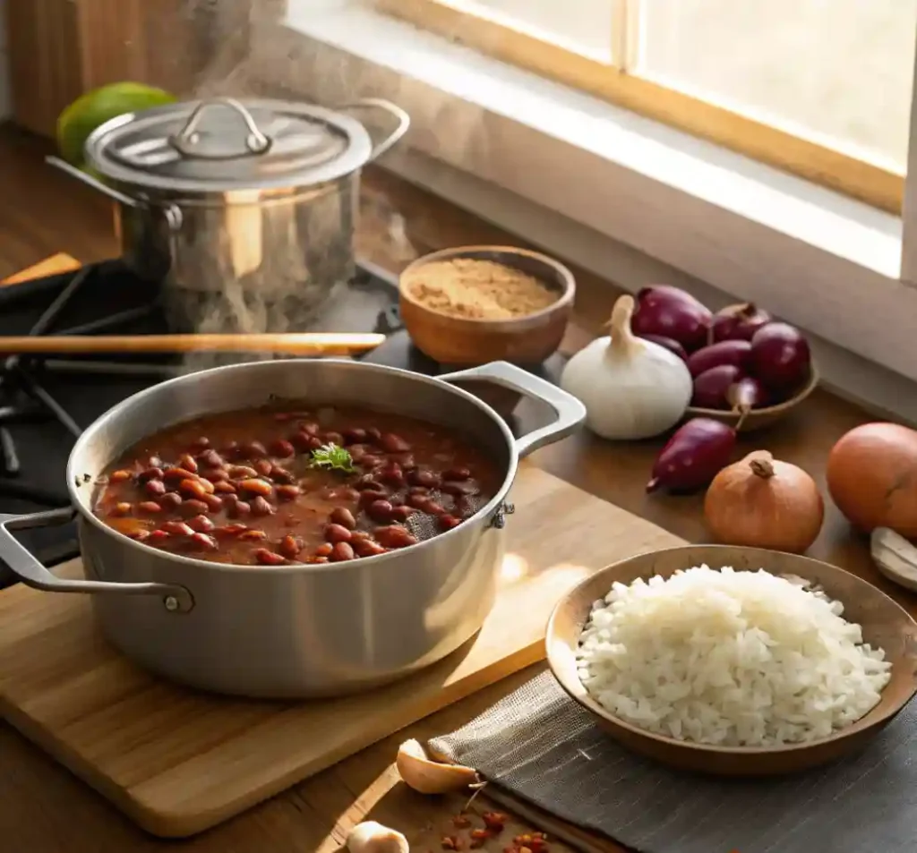 A steaming pot of Red Beans and Rice simmering on a wooden countertop near a sunlit window, accompanied by a bowl of fluffy white rice, fresh onions, garlic, red beans, and Creole seasoning, creating a warm and rustic kitchen atmosphere.