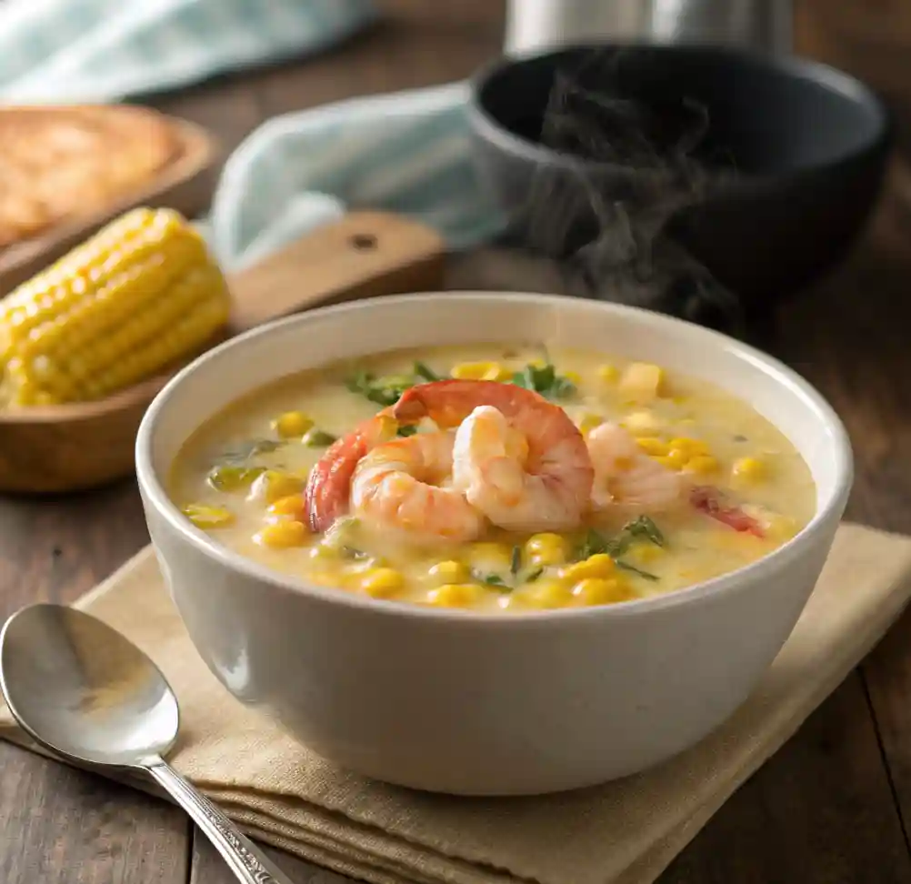 A steaming bowl of shrimp and corn soup, garnished with fresh herbs, featuring plump shrimp and sweet corn in a creamy, flavorful broth.