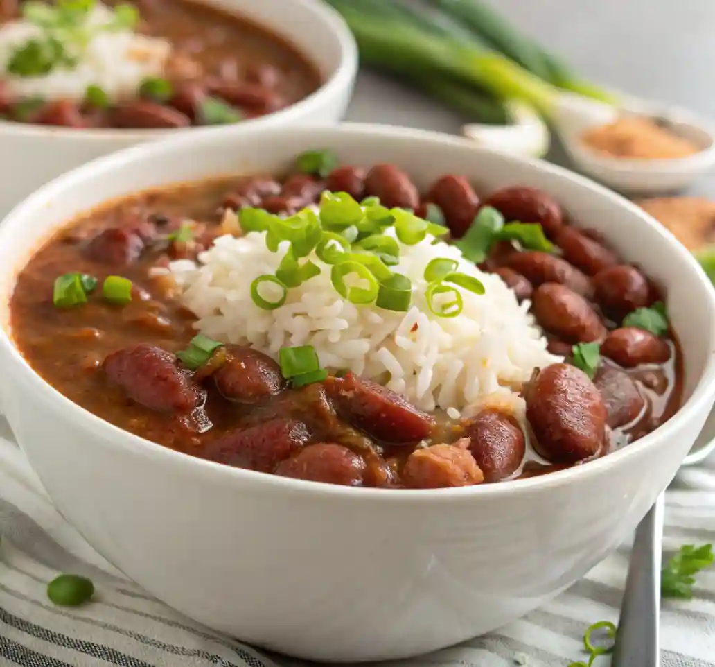 A bowl of authentic New Orleans-style Red Beans and Rice, garnished with chopped green onions, served in a white bowl with fluffy white rice on top. A second bowl and fresh ingredients like green onions and spices are visible in the background.