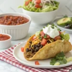 Homemade Taco Bell Chalupa Supreme served on a plate with seasoned beef, black beans, shredded cheese, diced tomatoes, lettuce, and a dollop of sour cream.