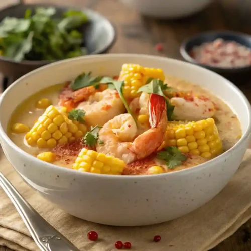 A bowl of shrimp and corn soup garnished with fresh herbs, featuring plump shrimp, vibrant yellow corn, and a rich, flavorful broth.