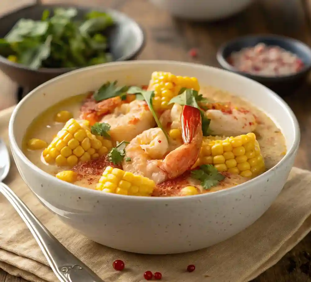 A bowl of shrimp and corn soup garnished with fresh herbs, featuring plump shrimp, vibrant yellow corn, and a rich, flavorful broth.