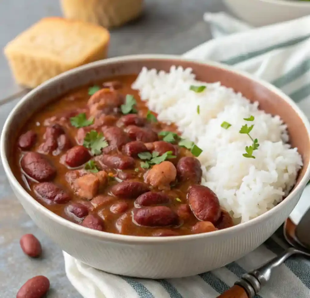 A bowl of Red Beans and Rice, featuring slow-cooked red kidney beans in a rich, savory sauce, served with fluffy white rice and garnished with fresh parsley. A piece of cornbread sits in the background on a rustic table setting.